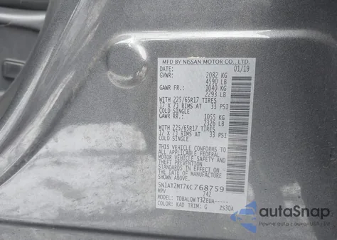 2019 Nissan Rogue Sv z USA, uszkodzony, nr VIN 5N1AT2MT7KC768759